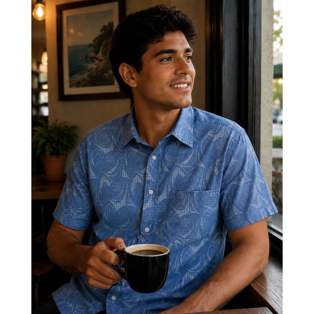 Southbridge  Men's Large Blue Geometric 100% Cotton Short Sleeve Button-Up Shirt